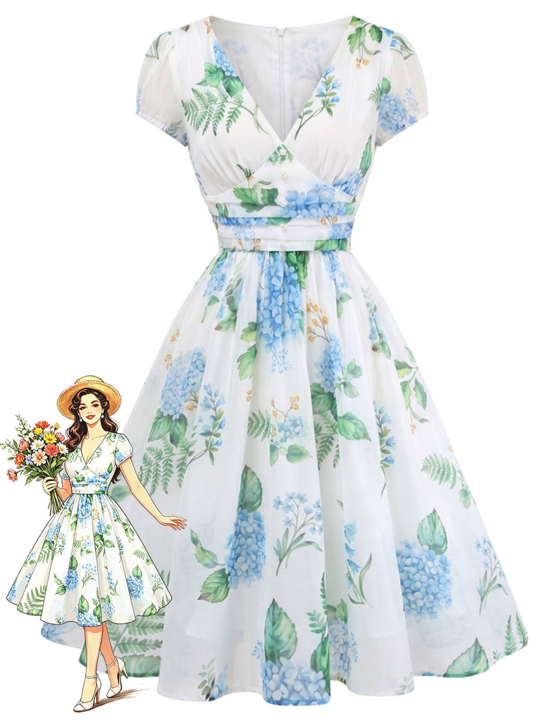 [Vorverkauf] Blaues 50er Swingkleid mit Blumen-Print und V-Ausschnitt