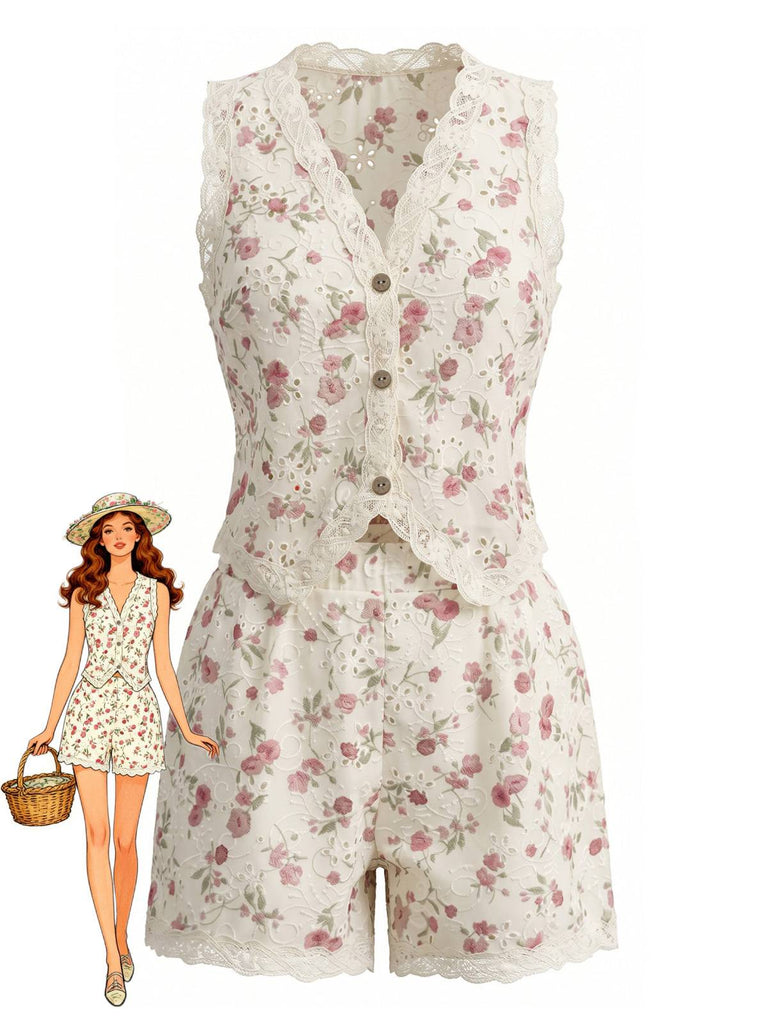 Beiges 40er Top & Shorts Set mit Streublumen und Spitze