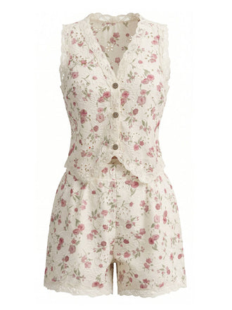 Beiges 40er Top & Shorts Set mit Streublumen und Spitze