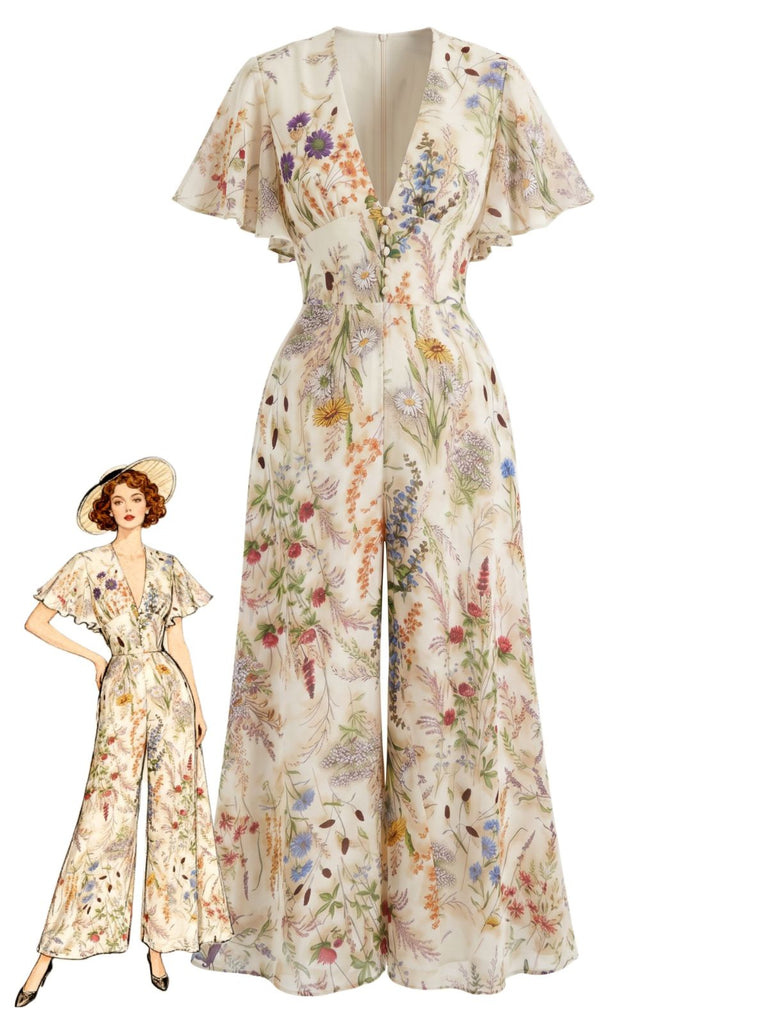 Mehrfarbiger 50er Chiffon-Jumpsuit mit Flatterärmel und V-Ausschnitt