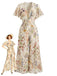 Mehrfarbiger 50er Chiffon-Jumpsuit mit Flatterärmel und V-Ausschnitt