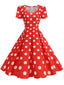 Rotes 50er Swingkleid mit Rosen und Herzausschnitt