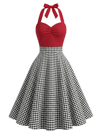 Rotes 50er Neckholder-Kleid mit Schwarz-Weiß-Gingham