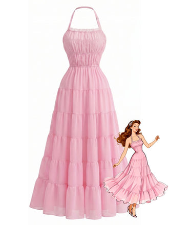 70er Chiffon-Maxikleid mit Neckholder und offenem Rücken