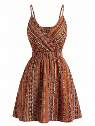 [Vorverkauf] Orange 70er Boho-Minikleid mit V-Ausschnitt und Streifen
