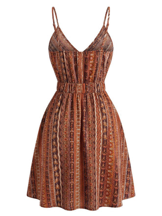 [Vorverkauf] Orange 70er Boho-Minikleid mit V-Ausschnitt und Streifen