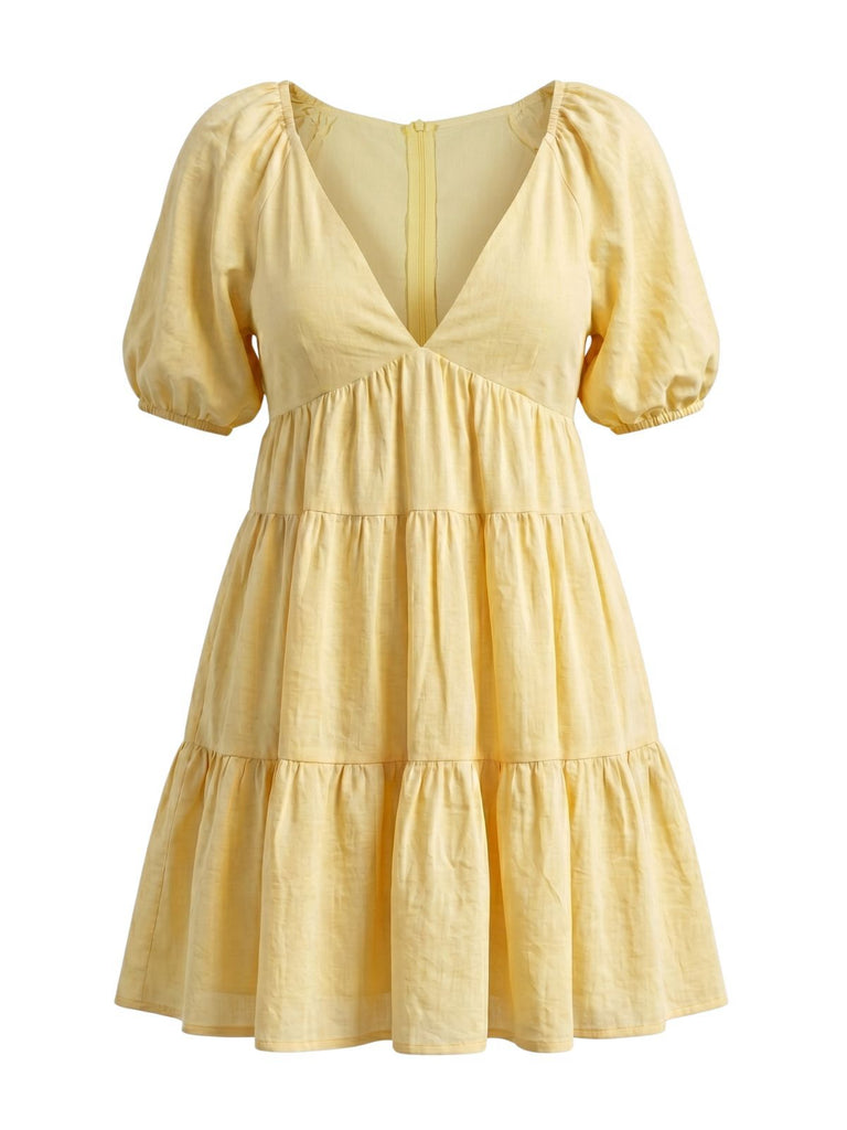 Gelbes 50er Babydoll-Kleid mit V-Ausschnitt und Puffärmeln