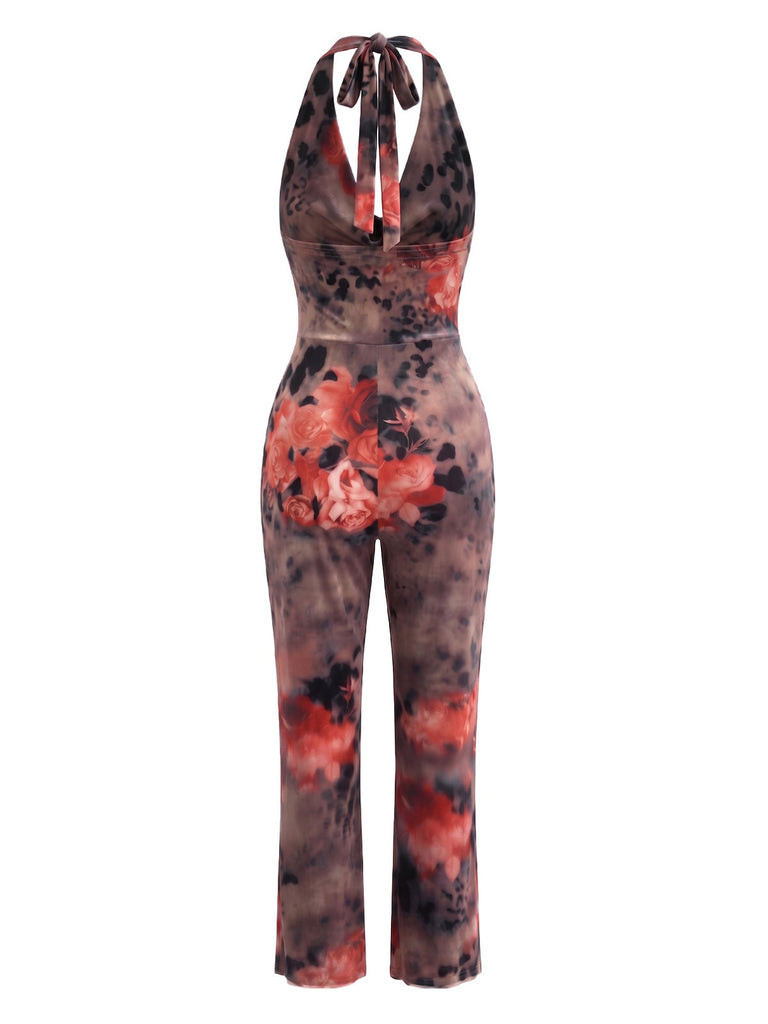 Brauner 70er Jumpsuit mit Wasserfallausschnitt und Blumenmuster