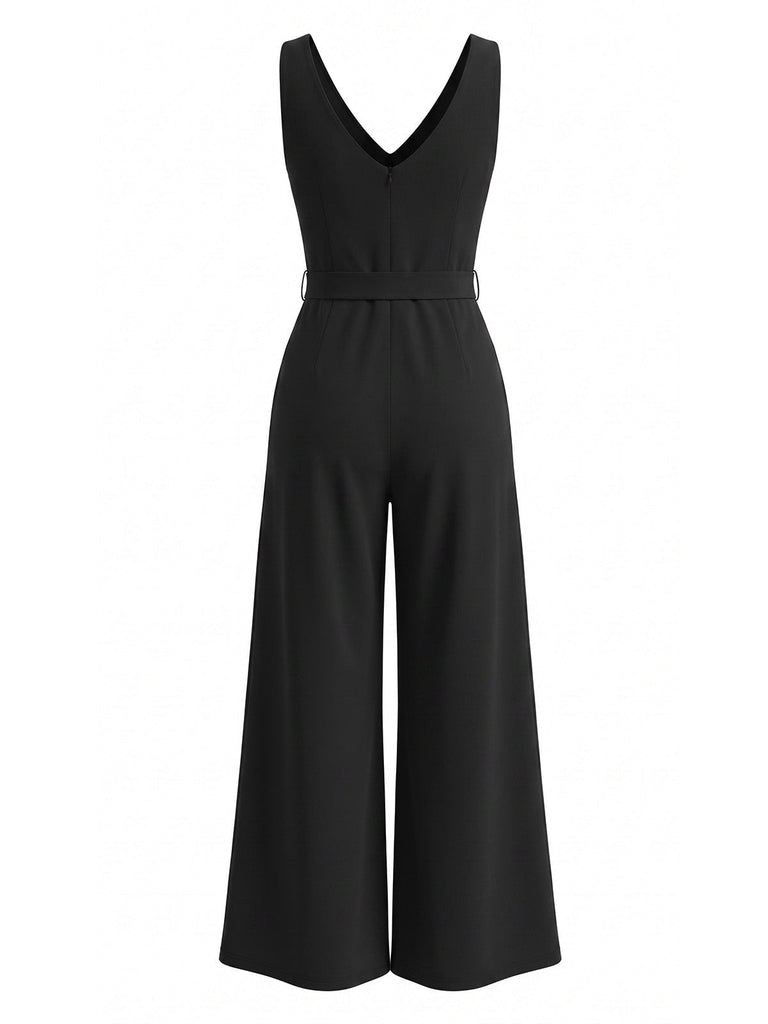Schwarzer 30er Ärmelloses Jumpsuit mit V-Ausschnitt und Gürtel