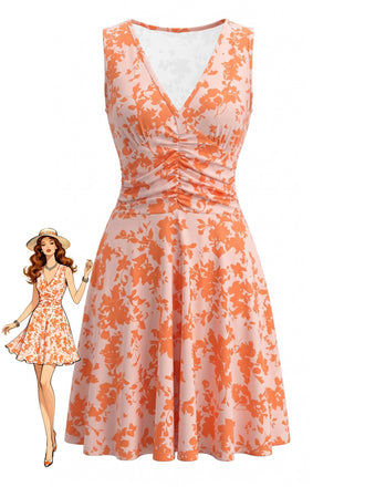 Orange 70er Ärmelloses Raffkleid mit Blumen-Print und V-Ausschnitt