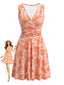 Orange 70er Ärmelloses Raffkleid mit Blumen-Print und V-Ausschnitt
