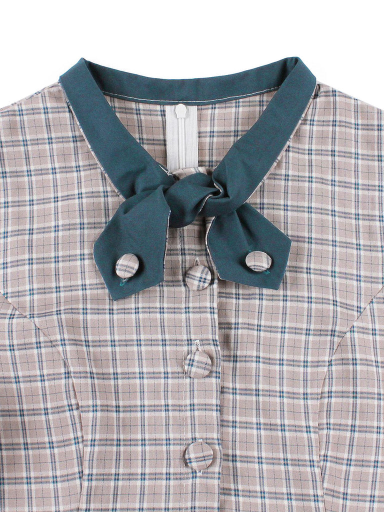 Dark Peacock Blue 1950s Plaid Bow Belted Dress 9
