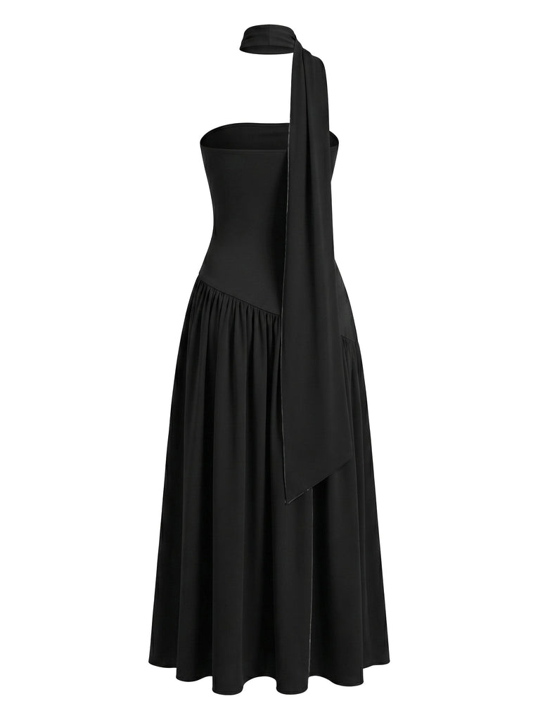 Schwarzes 30er trägerloses Maxikleid mit Schal-Kragen