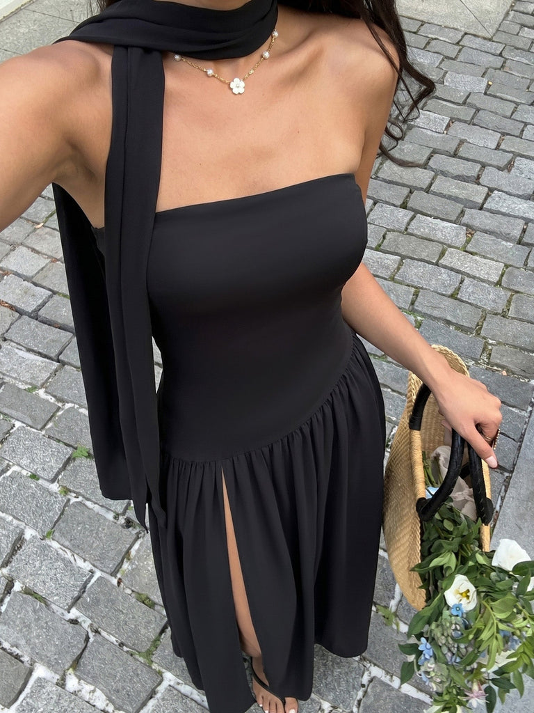Schwarzes 30er trägerloses Maxikleid mit Schal-Kragen