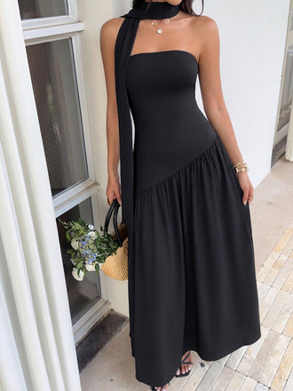 Schwarzes 30er trägerloses Maxikleid mit Schal-Kragen