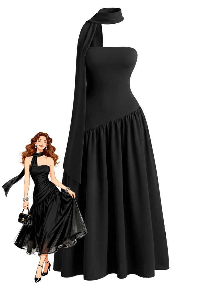 Schwarzes 30er trägerloses Maxikleid mit Schal-Kragen