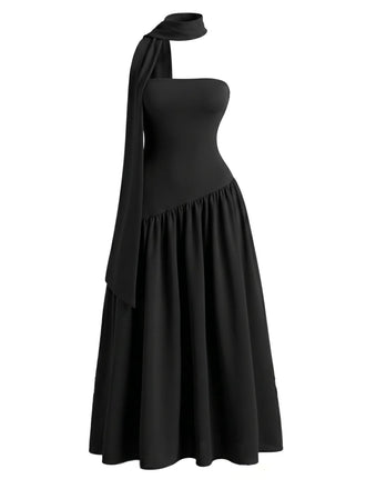Schwarzes 30er trägerloses Maxikleid mit Schal-Kragen