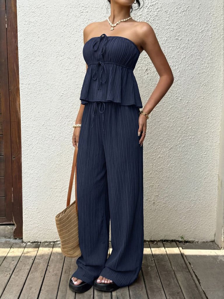 Blaues 50er Top & Hose Set mit Struktur und Rüschen