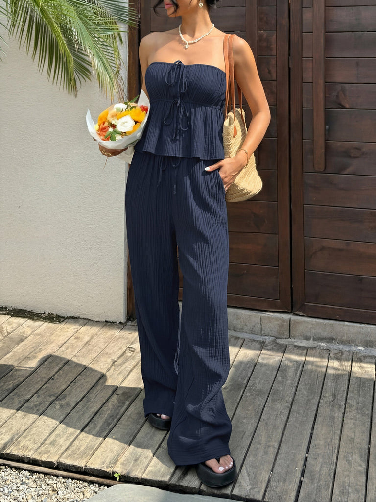 Blaues 50er Top & Hose Set mit Struktur und Rüschen