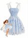 Blaues 60er Tüllkleid mit Blumenstickerei und Schleife