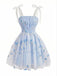 Blaues 60er Tüllkleid mit Blumenstickerei und Schleife
