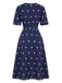 Blaues 40er Kleid mit V-Ausschnitt und Stickerei