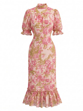 Rotes 30er Chiffon-Meerjungfrauenkleid mit Blumen