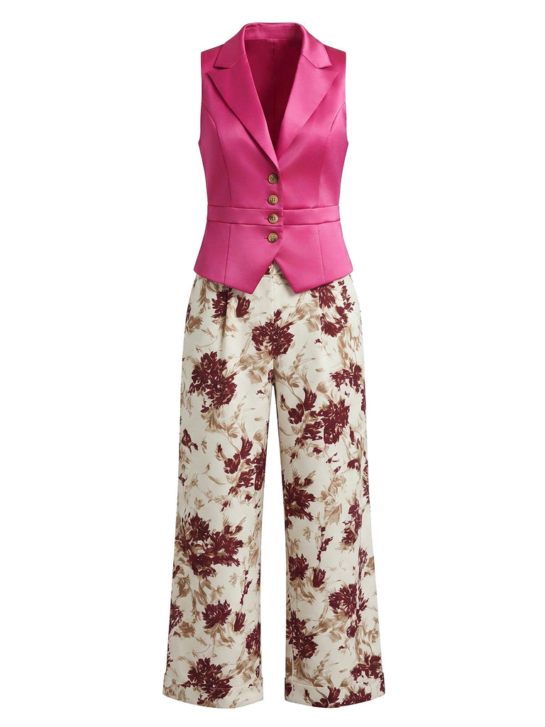 Purpurrotes 50er Weste & Hose Set mit Blumenhose