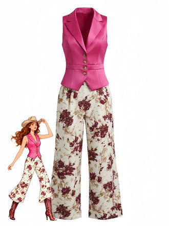 Purpurrotes 50er Weste & Hose Set mit Blumenhose