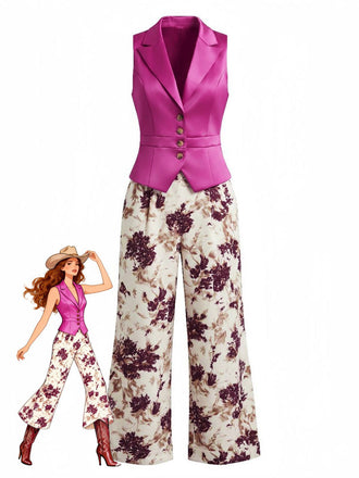 Purpurrotes 50er Set mit Knopfweste und Blumenhose