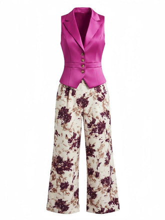 Purpurrotes 50er Set mit Knopfweste und Blumenhose