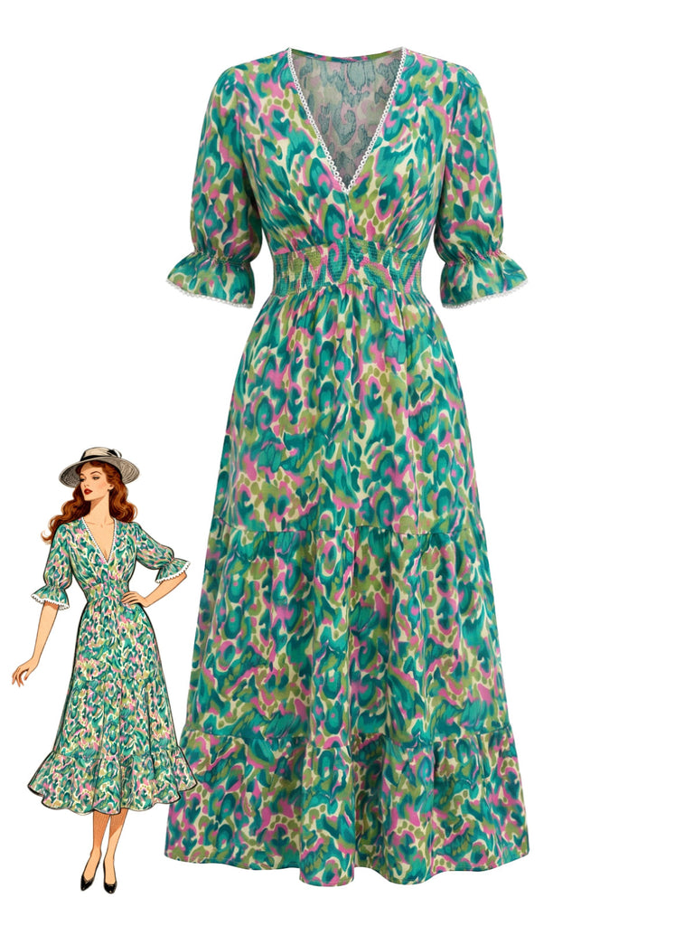 Grünes 70er Maxikleid mit V-Ausschnitt und Blumen