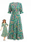 Grünes 70er Smock-Maxikleid mit abstraktem Blumen-Print und V-Ausschnitt