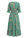 Grünes 70er Smock-Maxikleid mit abstraktem Blumen-Print und V-Ausschnitt