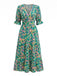Grünes 70er Smock-Maxikleid mit abstraktem Blumen-Print und V-Ausschnitt