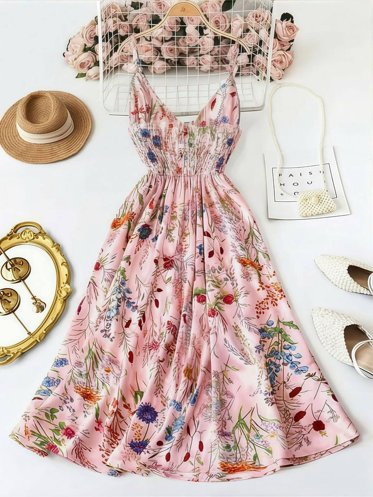 30er Bohemian Kleid mit V-Ausschnitt und Blumen