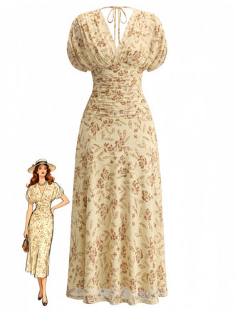 Gelbes 40er Midikleid mit Blumen und Puffärmeln