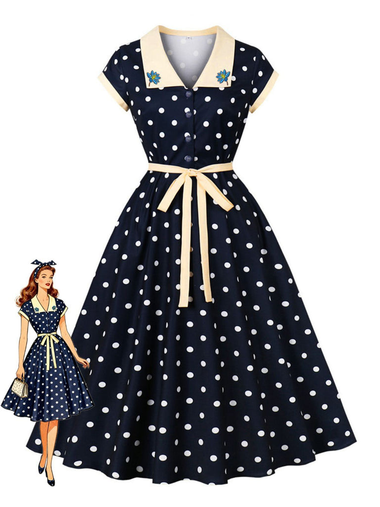 Blaues 50er Swingkleid mit Polka-Dots und Blumenstickerei