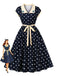 Blaues 50er Swingkleid mit Polka-Dots und Blumenstickerei