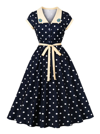 Blaues 50er Swingkleid mit Polka-Dots und Blumenstickerei