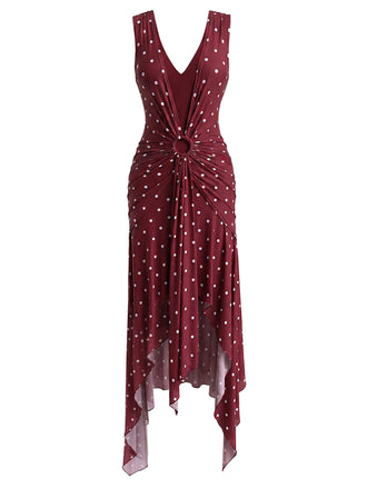 Weinrotes 30er Kleid mit Polka-Dots