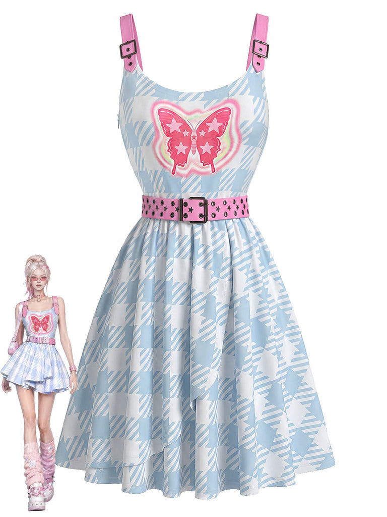 Hellblaues 00er Y2K Kleid mit Schmetterling und Gürtel