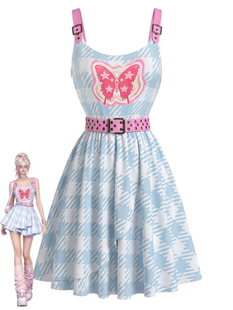 Hellblaues 00er Y2K Kleid mit Schmetterling und Gürtel