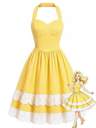 Gelbes 50er Baumwollkleid mit Polka-Dots