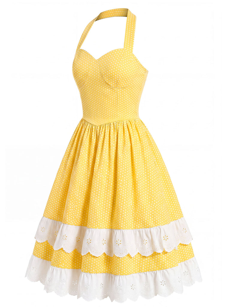Gelbes 50er Baumwollkleid mit Polka-Dots