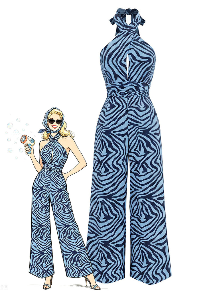 Seeblauer 70er Jumpsuit mit Zebra-Print und Neckholder