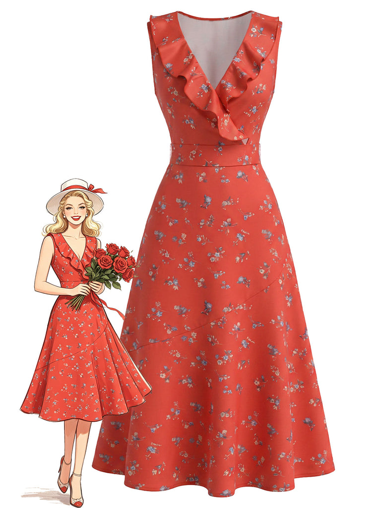 Rotes 40er Ärmelloses Kleid mit Streublumen und V-Ausschnitt
