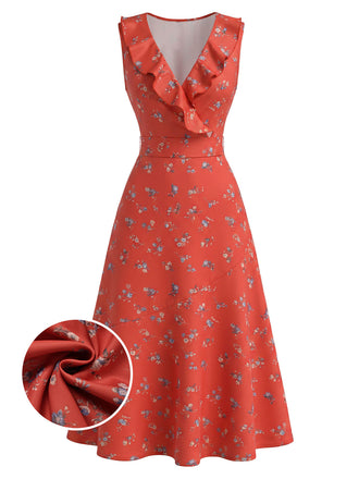 Rotes 40er Ärmelloses Kleid mit Streublumen und V-Ausschnitt
