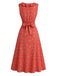 Rotes 40er Ärmelloses Kleid mit Streublumen und V-Ausschnitt