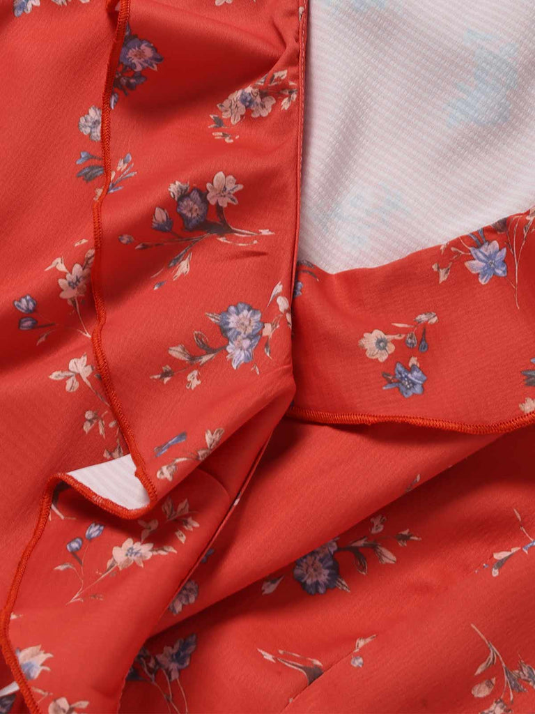 [Vorverkauf] Rotes 40er Ärmelloses Kleid mit Streublumen und V-Ausschnitt